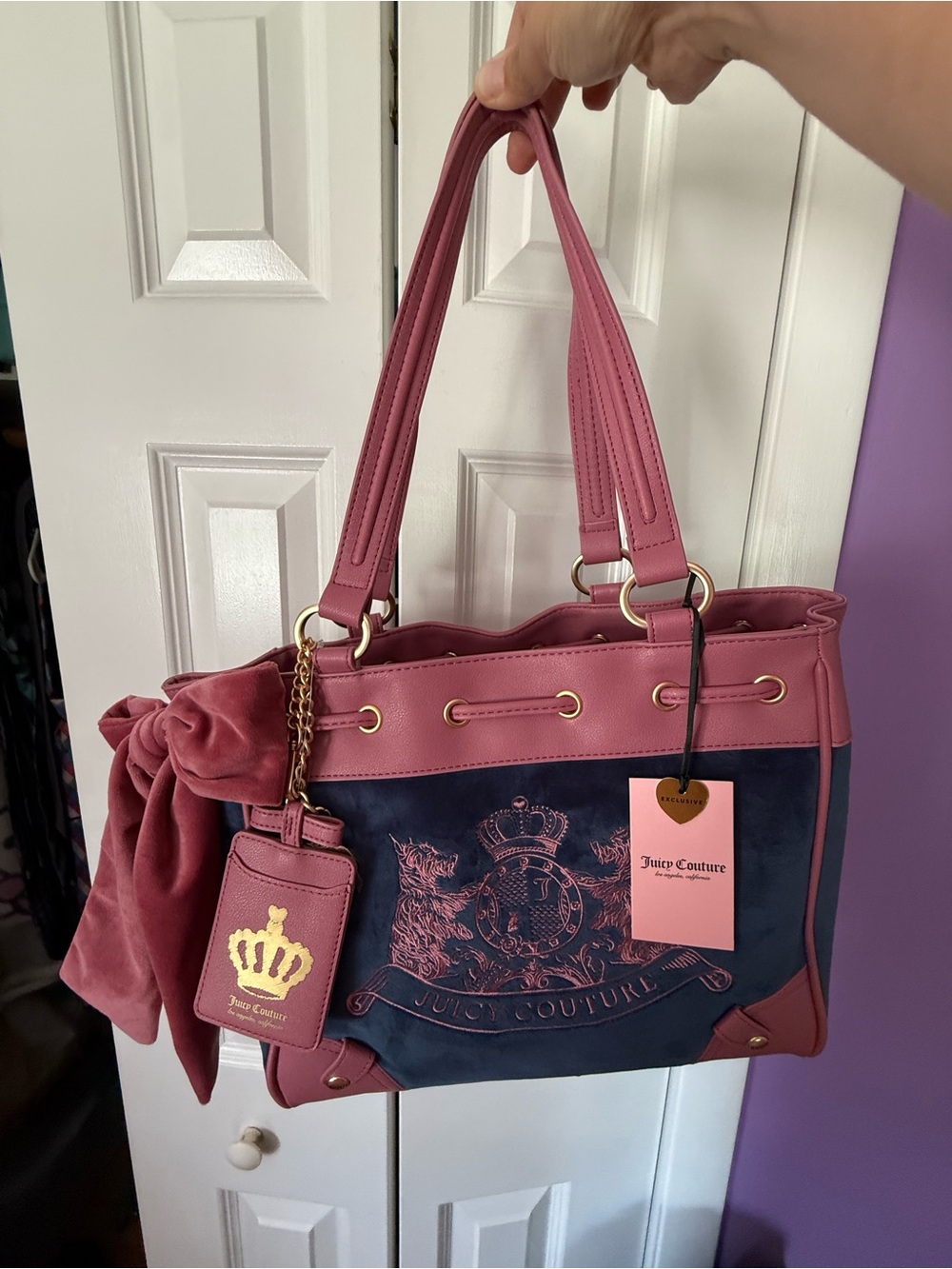 Juicy Couture Pink and Navy Velvet-Trim Tote with Crest